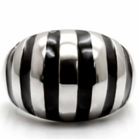 Stainless Steel Stripes Cocktail Ring Size 8 9 10 Silver Black Enamel Dome - Picture 2 of 9